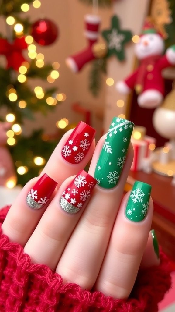 Short coffin Christmas nails in red and green with snowflakes and glitter accents.